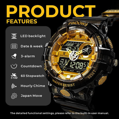HOTPINDOWS Watches for Men, Transparent Gold Analog Digital Dual Time 50M Waterproof, LED Backlight Multifunctional with Alarms, Stopwatch, Ideal for Sports, Outdoor Activities, and Daily Wear