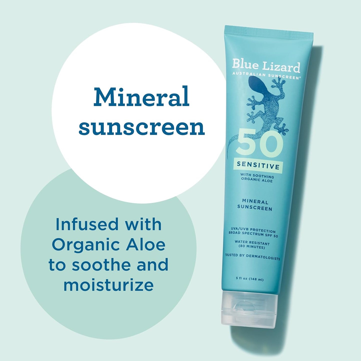 HOTBlue Lizard Sensitive Mineral SPF 50 Sunscreen Lotion, 100% Mineral Sunscreen, UVA/UVB Protection, Infused with organic Aloe Vera, Soothes and Hydrates, 5 fl oz