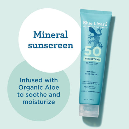 HOTBlue Lizard Sensitive Mineral SPF 50 Sunscreen Lotion, 100% Mineral Sunscreen, UVA/UVB Protection, Infused with organic Aloe Vera, Soothes and Hydrates, 5 fl oz
