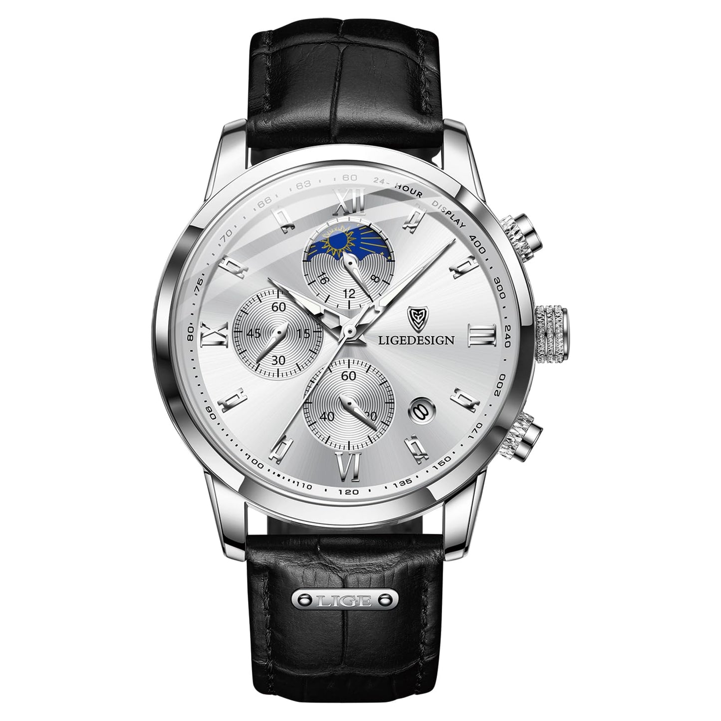 HOTLIGE Chronograph Watch for Men Wrist Leather Analog Dress Waterproof Vintage Work Casual Unique Retro Quartz Date Moon Phase Display Luminous 3ATM Water Resistant Mens Watches