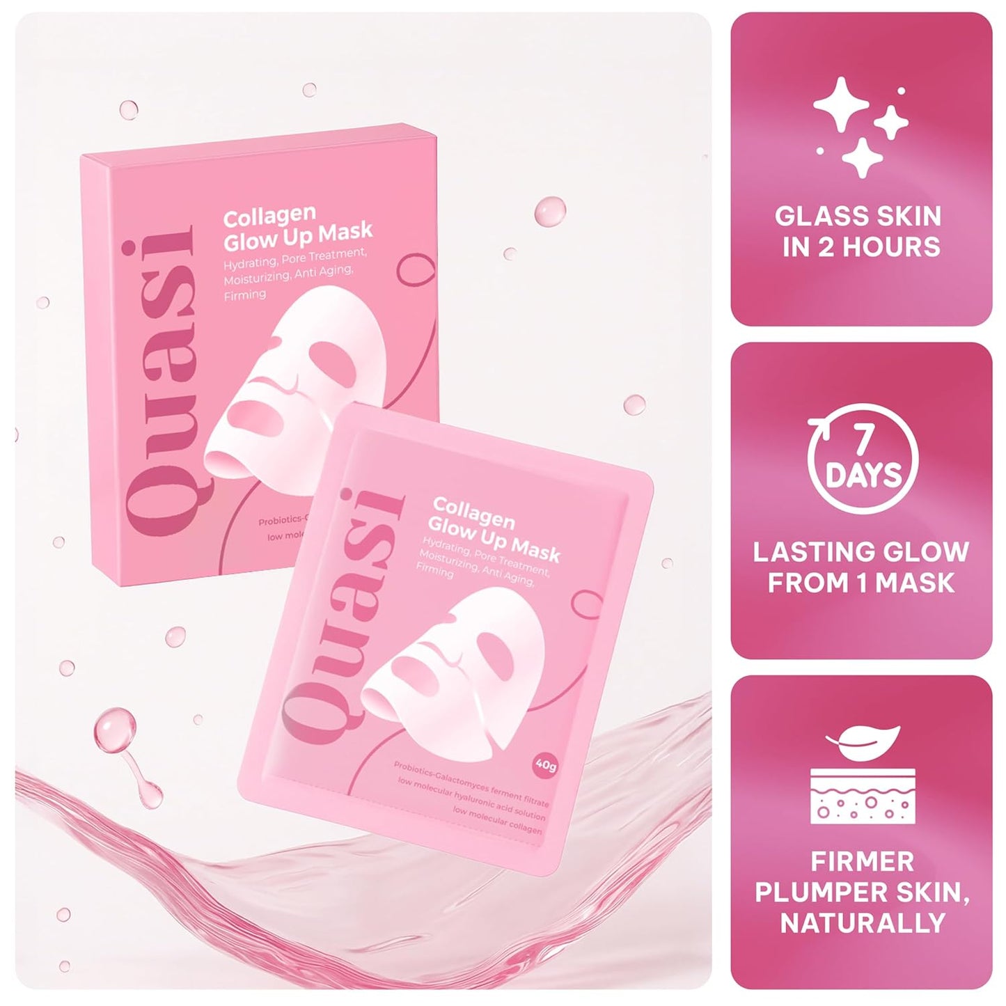HOTQuasi Bio-Collagen Face Mask Overnight – Hydrating Korean Sheet Mask – Niacinamide & Low Molecular Collagen – Firming & Smoothing Skincare for All Skin Types – 4 Masks