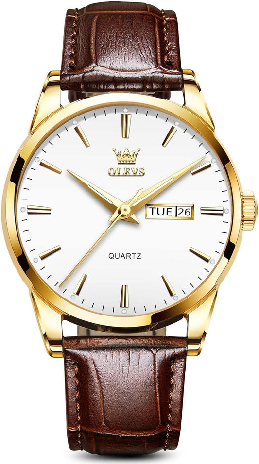 HOTOLEVS Mens Watch Brown Leather Band Dress Watch for Men Quartz Waterproof Men's Wrist Watch 38MM Gold Case Easy to Read Day Date Business Casual Men Watches Gifts for Him Relojes para Hombres