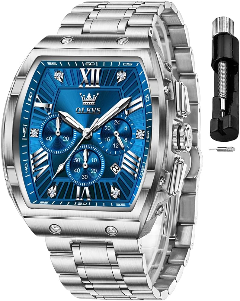 HOTOLEVS Mens Watches Analog Quartz Chronograph Square Dress Watch for Man Stainless Steel or Leather Band Waterproof Luminous Date Male Watch