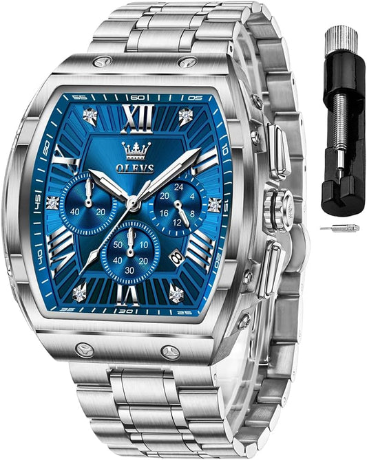 HOTOLEVS Mens Watches Analog Quartz Chronograph Square Dress Watch for Man Stainless Steel or Leather Band Waterproof Luminous Date Male Watch