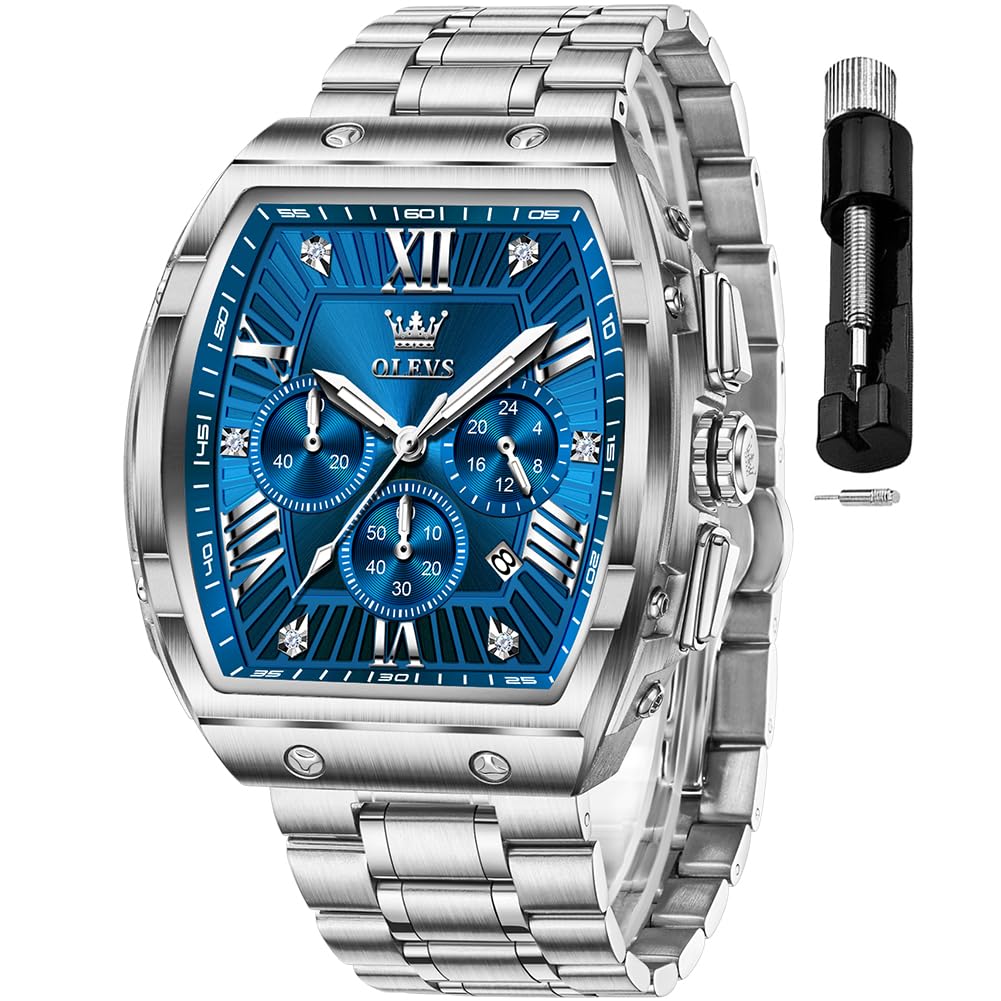 HOTOLEVS Mens Watches Analog Quartz Chronograph Square Dress Watch for Man Stainless Steel or Leather Band Waterproof Luminous Date Male Watch