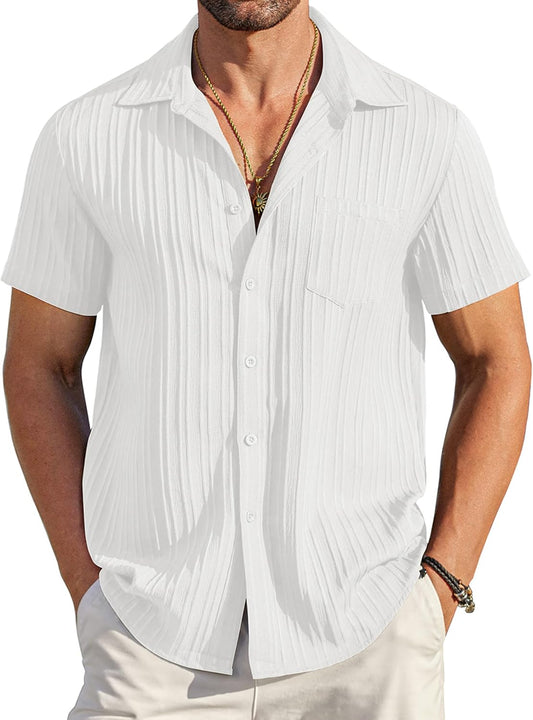 HOTCOOFANDY Men's Casual Button Down Shirts Short Sleeve Textured Summer Beach Shirt with Pocket