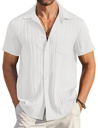 HOTCOOFANDY Men's Casual Button Down Shirts Short Sleeve Textured Summer Beach Shirt with Pocket