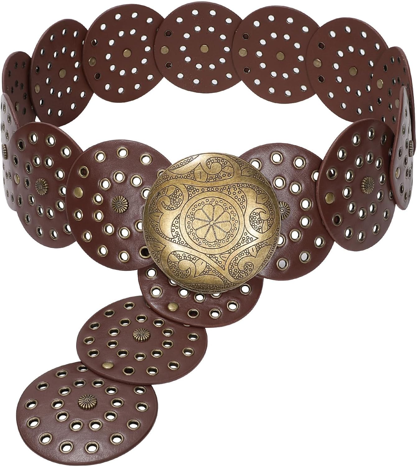 HOTJASGOOD Western Belts for Women Wide Hollow Disc Leather Belt Cowgirl Waist Belt for Jeans Dresses with Metal Buckle