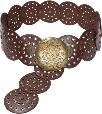 HOTJASGOOD Western Belts for Women Wide Hollow Disc Leather Belt Cowgirl Waist Belt for Jeans Dresses with Metal Buckle
