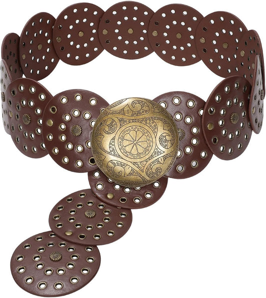 HOTJASGOOD Western Belts for Women Wide Hollow Disc Leather Belt Cowgirl Waist Belt for Jeans Dresses with Metal Buckle