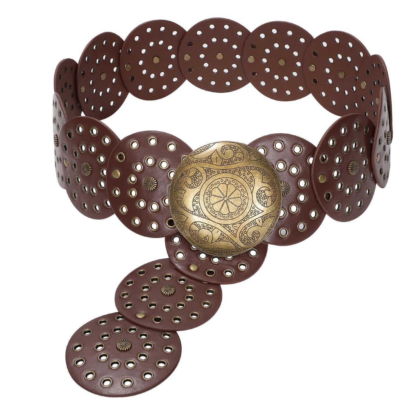 HOTJASGOOD Western Belts for Women Wide Hollow Disc Leather Belt Cowgirl Waist Belt for Jeans Dresses with Metal Buckle