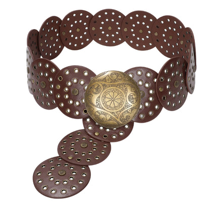 HOTJASGOOD Western Belts for Women Wide Hollow Disc Leather Belt Cowgirl Waist Belt for Jeans Dresses with Metal Buckle