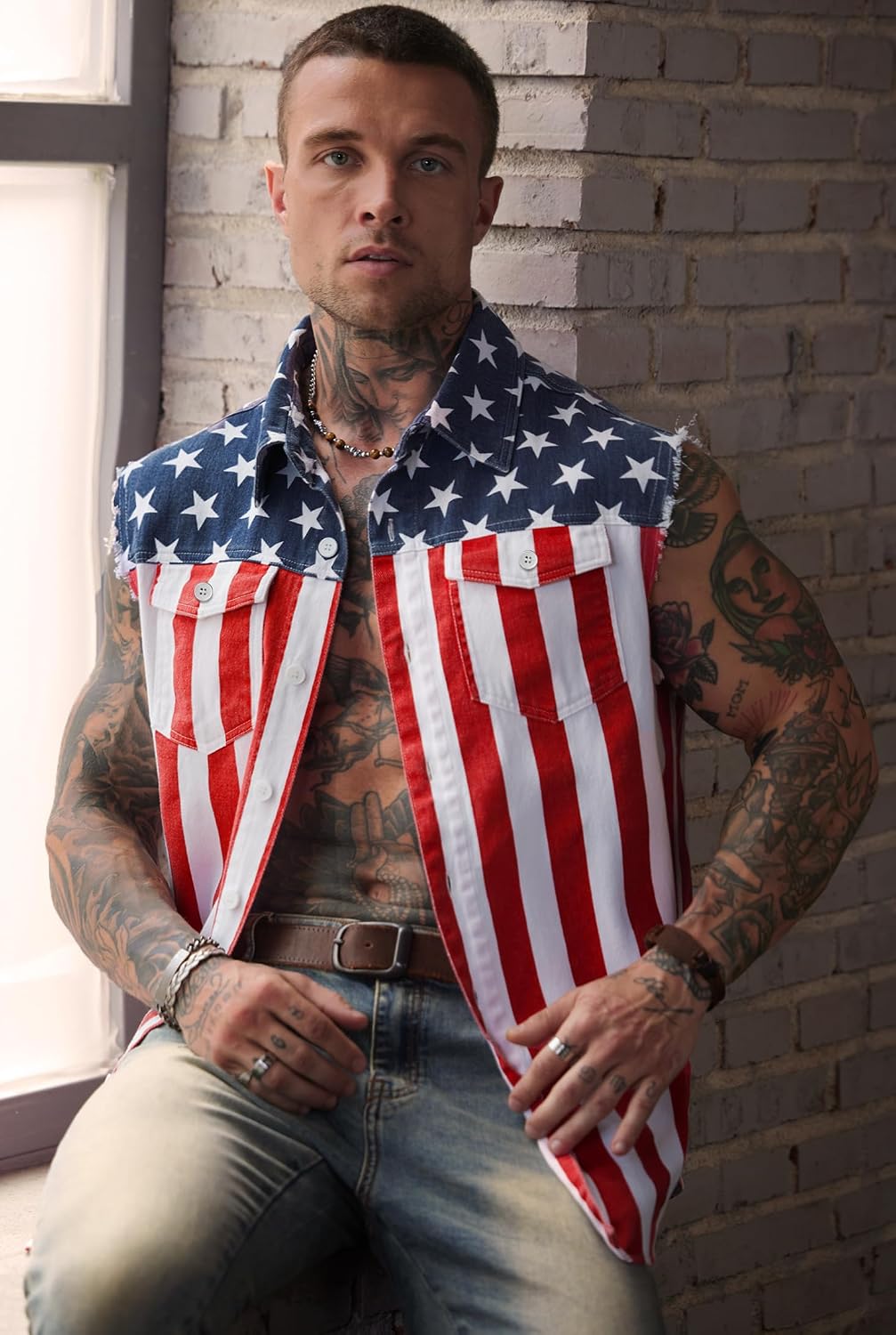 HOTMainfini Men's American Flag Denim Vest 4th of July Sleeveless Jacket With Pockets (S-XXL)