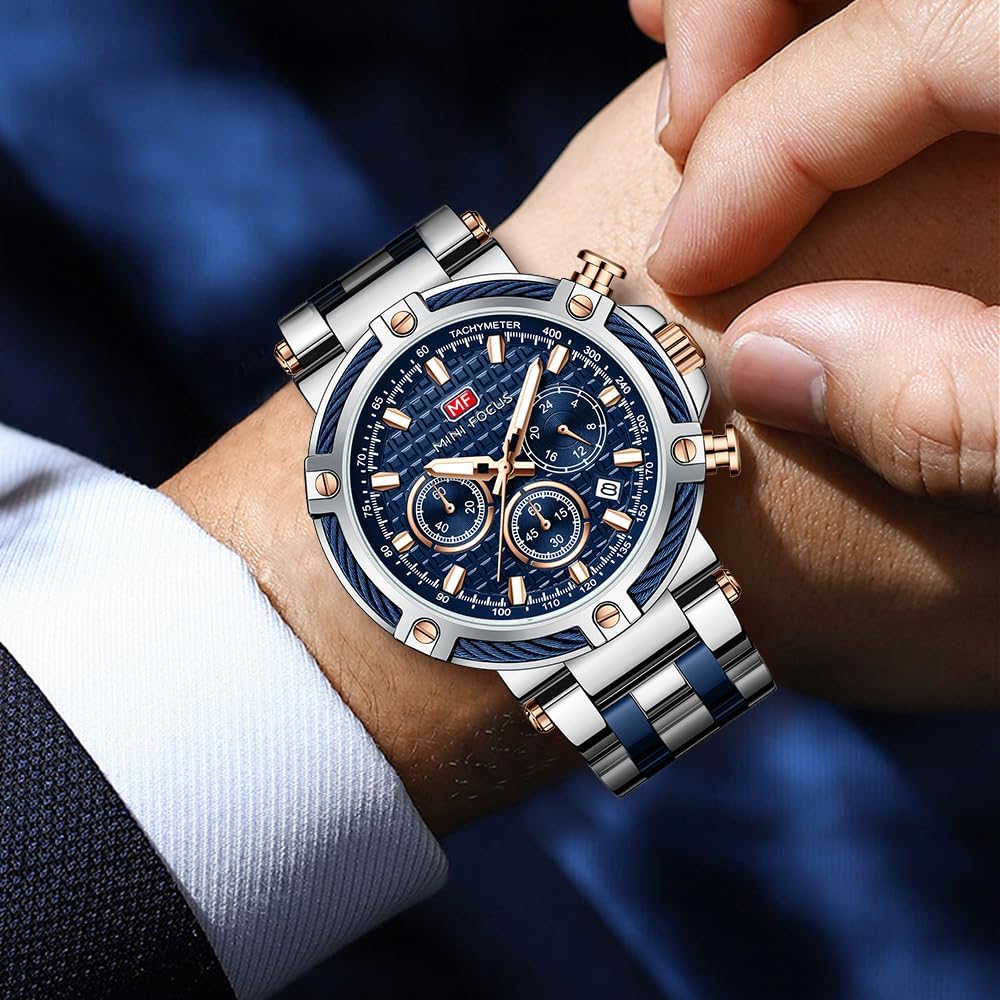 HOTMF MINI FOCUS Business Men Watches (Chronograph/Waterproof/Luminous/Calendar/24 Hours) Big Face Stainless Steel Band Watches for Men
