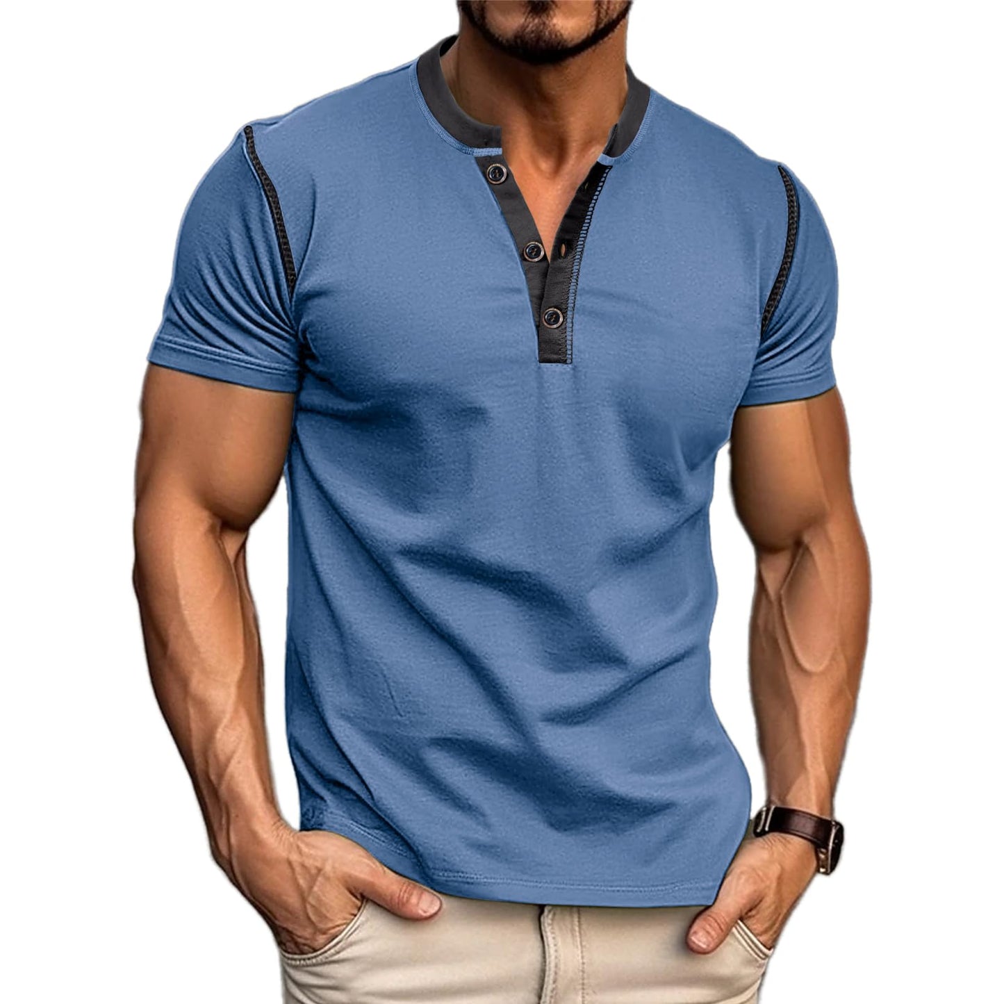 HOTMen's Casual Henley Shirts Classic Button Cotton Short Sleeve T-Shirt Summer Basic Solid Lightweight Tees Tops