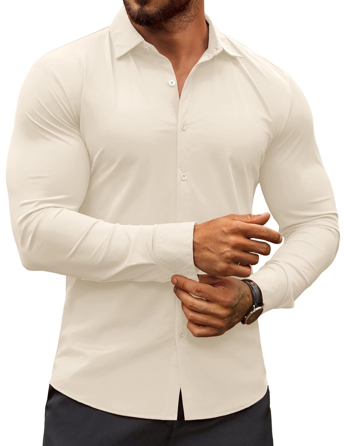 HOTCOOFANDY Men's Muscle Fit Dress Shirts Wrinkle-Free Long Sleeve Casual Button Down Shirts