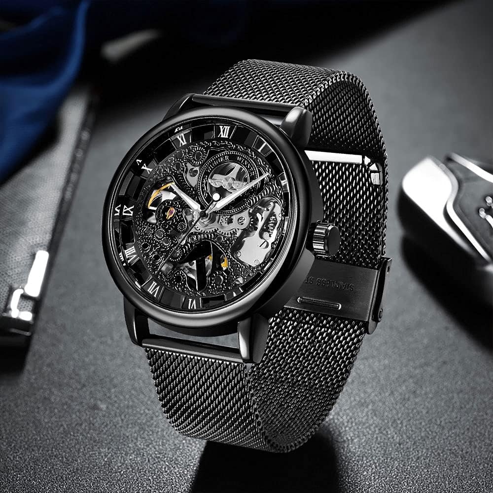 HOTMen's Skeleton Mechanical Roman Numeral Mesh Strap Watch, Hand Winding Mechanical Mesh Luminous Waterproof Watch for Men