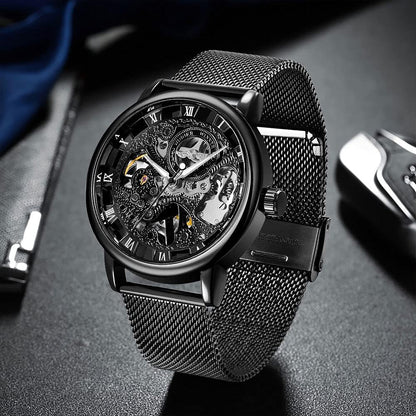 HOTMen's Skeleton Mechanical Roman Numeral Mesh Strap Watch, Hand Winding Mechanical Mesh Luminous Waterproof Watch for Men