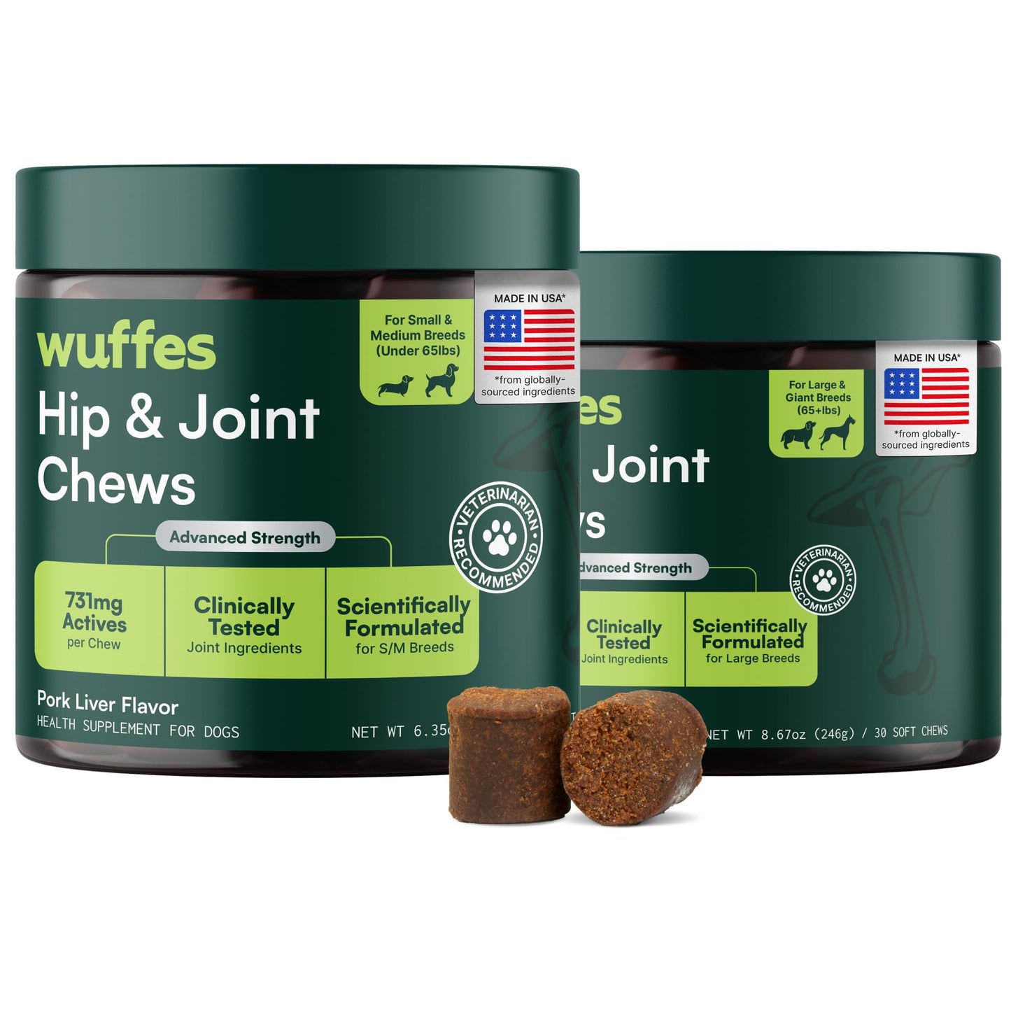HOTWuffes Advanced Dog Hip and Joint Supplement with Glucosamine, Chondroitin, Omega 3, MSM, and Green Lipped Mussel, 60 Pork Flavored Chews for Small and Medium Dog Breeds