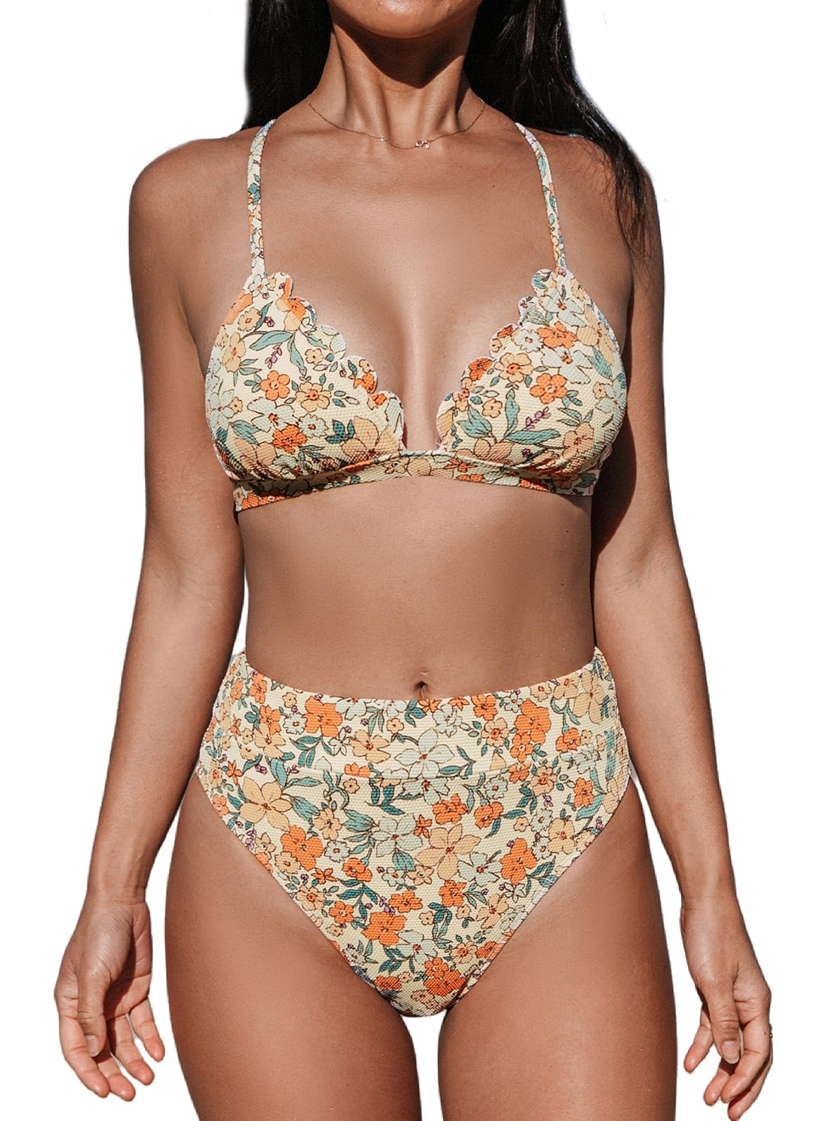HOTCUPSHE Bikini Set for Women High Waisted Scalloped Two Piece Swimsuit | V Neck,Textured,Crisscross,Back Self Tie,Spaghetti Straps,Soft Removable Cups,Modest Bathing Suit For Vacation And Beach