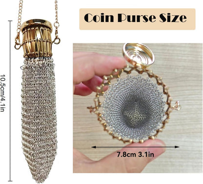 HOT1920's English Vintage Coin Purse, Handade Chain Metal Mesh Wallet for Coins, Dice, Jewelry, Cosmetics, Mini Vintage Double Mesh Coin Holder Pouch, Antique Coin Purse Wallet Ideal for Party