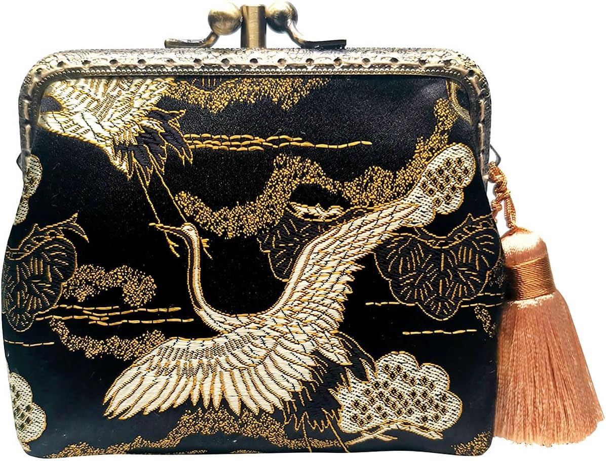 HOTVintage Brocade Buckle Coin Purse Kiss-lock Wallet for Women(crane)