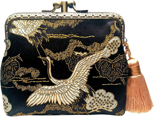 HOTVintage Brocade Buckle Coin Purse Kiss-lock Wallet for Women(crane)