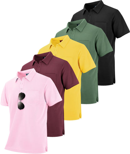 HOTZITY 5 Pack Polo Shirts for Men with Pocket Dry Quickly Short Sleeve Athletic Outdoor Work Collared Shirts