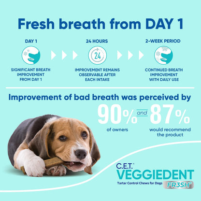 HOTC.E.T. Veggiedent Fr3sh Plaque and Tartar Control Chews for Dogs, Medium | Vet recommended dental chews, plant-based formula, supports canine digestive health, VOHC approved for plaque & tartar