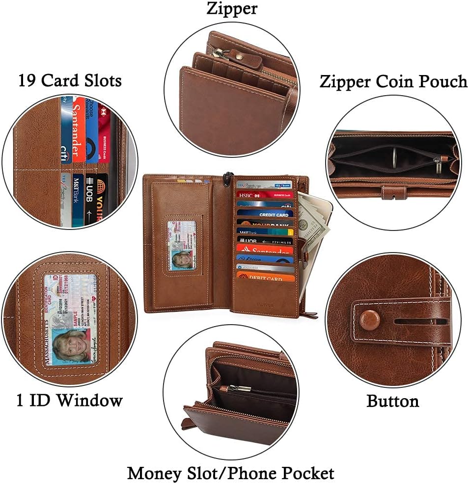 HOTFT FUNTOR Women's Big Fat RFID Blocking Wallet Leather Zip Around Clutch Large Phone Organizer Wristlet