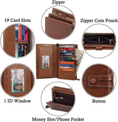 HOTFT FUNTOR Women's Big Fat RFID Blocking Wallet Leather Zip Around Clutch Large Phone Organizer Wristlet