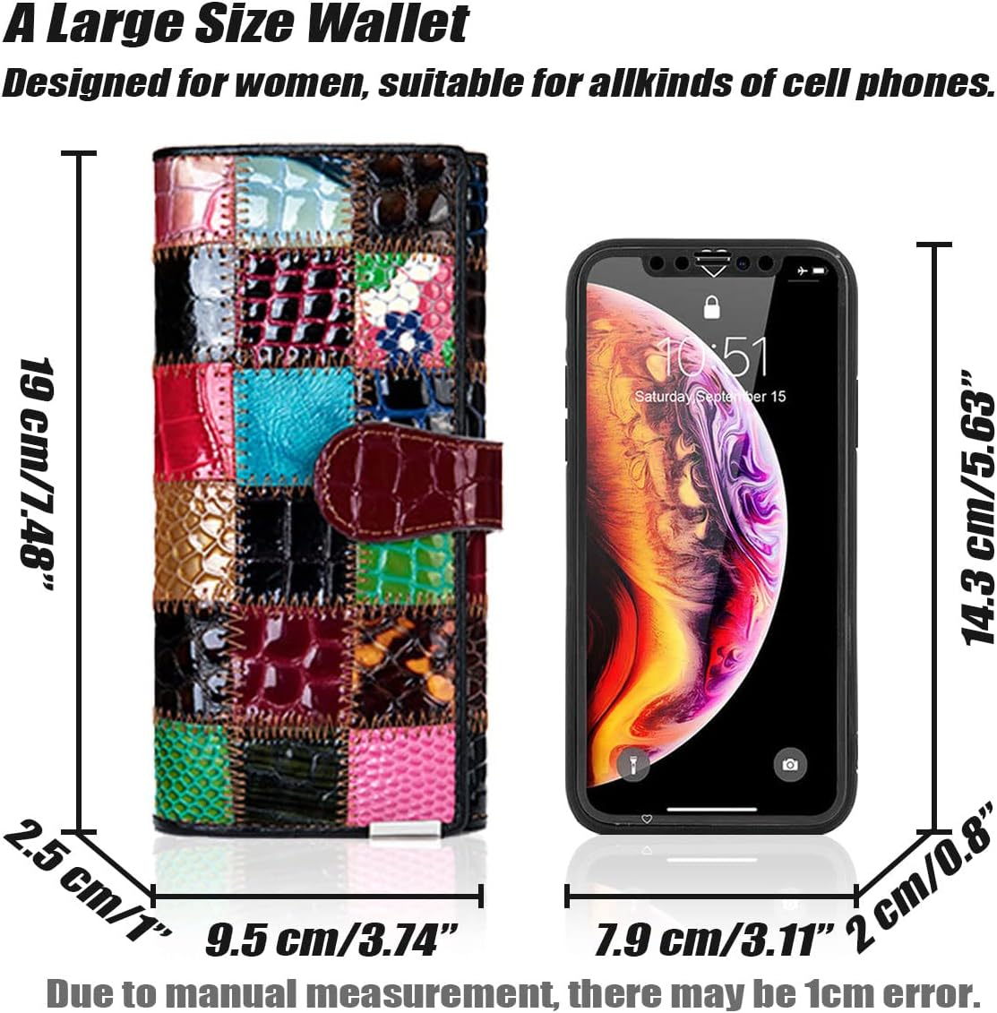 HOTHandmade Patchwork Trifold Large Wallet for Women Colorful Genuine Leather Stitched Credit Card Holder Phone Clutch Purse