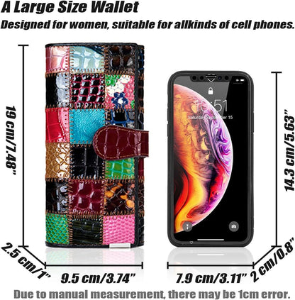 HOTHandmade Patchwork Trifold Large Wallet for Women Colorful Genuine Leather Stitched Credit Card Holder Phone Clutch Purse