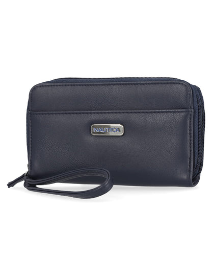 HOTNautica On The Double Zip Around Vegan Leather Womens RFID Clutch Wallet With Wristlet Strap, Fuego Red