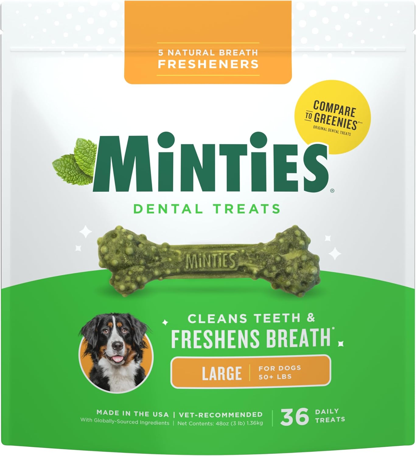 HOTMinties Dental Chews for Dogs, 36 Count, Vet-Recommended Mint-Flavored Treats for Large Dogs Over 50 lbs, Dental Bones Clean Teeth, Fight Bad Breath, and Removes Plaque and Tartar