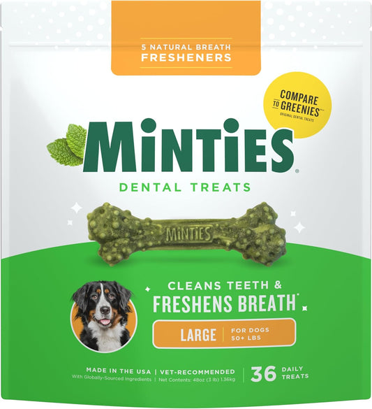 HOTMinties Dental Chews for Dogs, 36 Count, Vet-Recommended Mint-Flavored Treats for Large Dogs Over 50 lbs, Dental Bones Clean Teeth, Fight Bad Breath, and Removes Plaque and Tartar