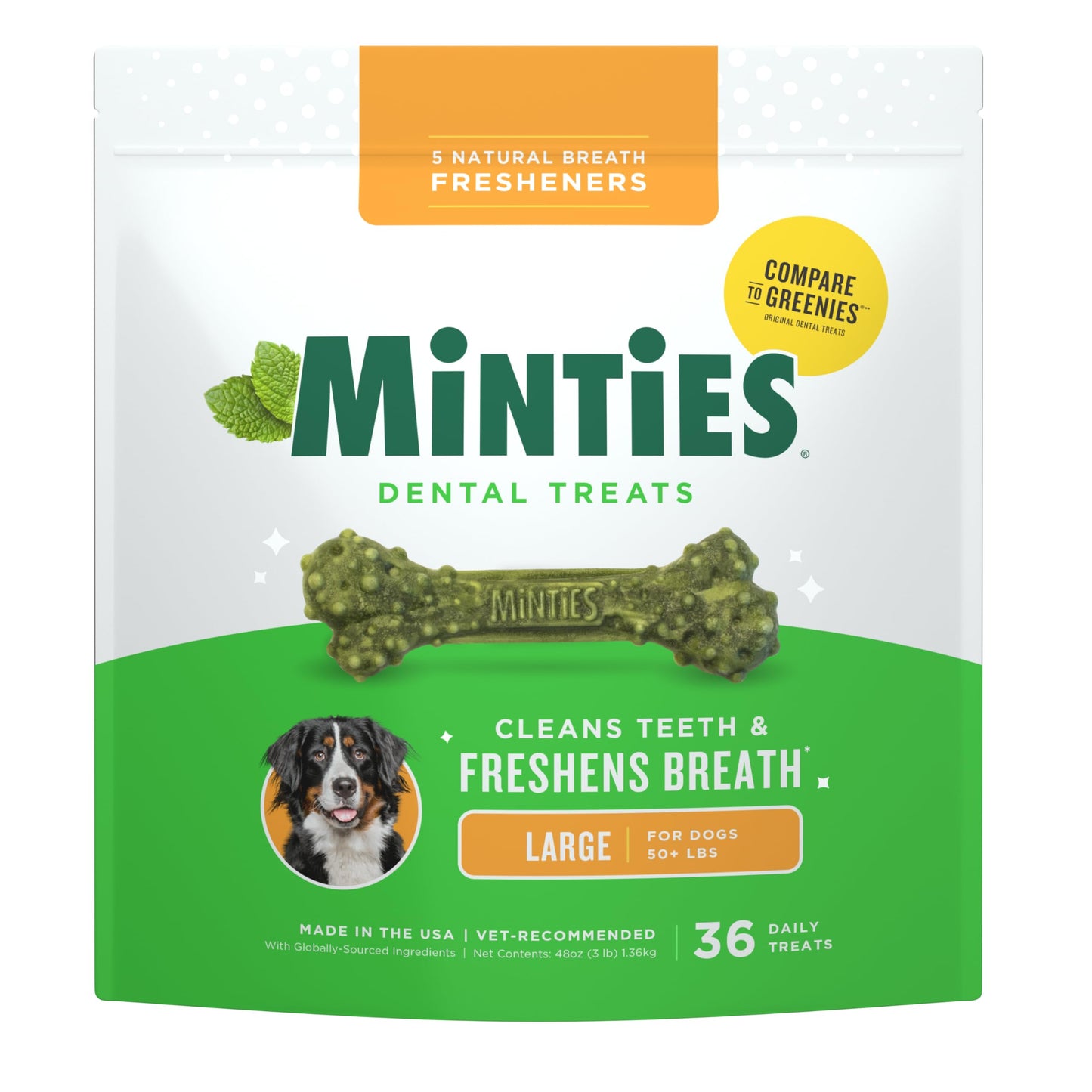 HOTMinties Dental Chews for Dogs, 36 Count, Vet-Recommended Mint-Flavored Treats for Large Dogs Over 50 lbs, Dental Bones Clean Teeth, Fight Bad Breath, and Removes Plaque and Tartar