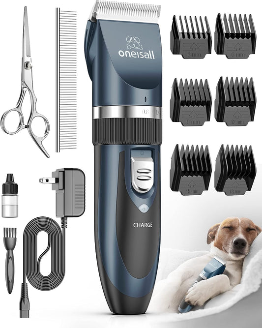 HOToneisall Dog Clippers Low Noise Grooming Kit for Dogs Cats Pets | Cordless & Long Battery Life, Simple for Beginners, 6 Guide Combs, Removable & Rinsable Blade