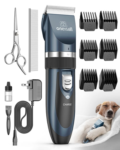 HOToneisall Dog Clippers Low Noise Grooming Kit for Dogs Cats Pets | Cordless & Long Battery Life, Simple for Beginners, 6 Guide Combs, Removable & Rinsable Blade