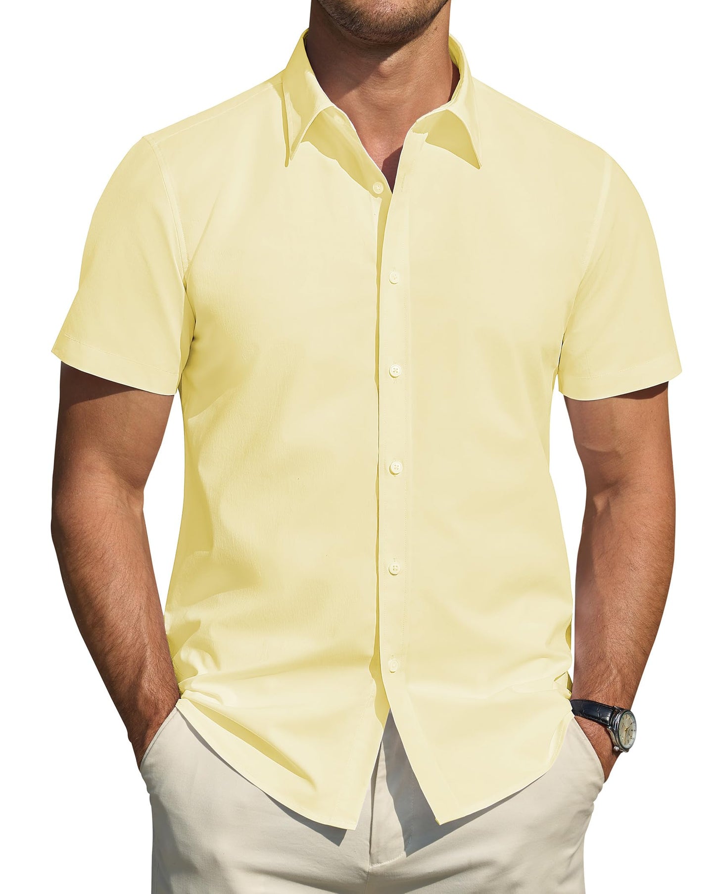 HOTJ.VER Men's Short Sleeve Dress Shirts Stretch Stain Shield Casual Button Down Shirts Solid Formal Shirt