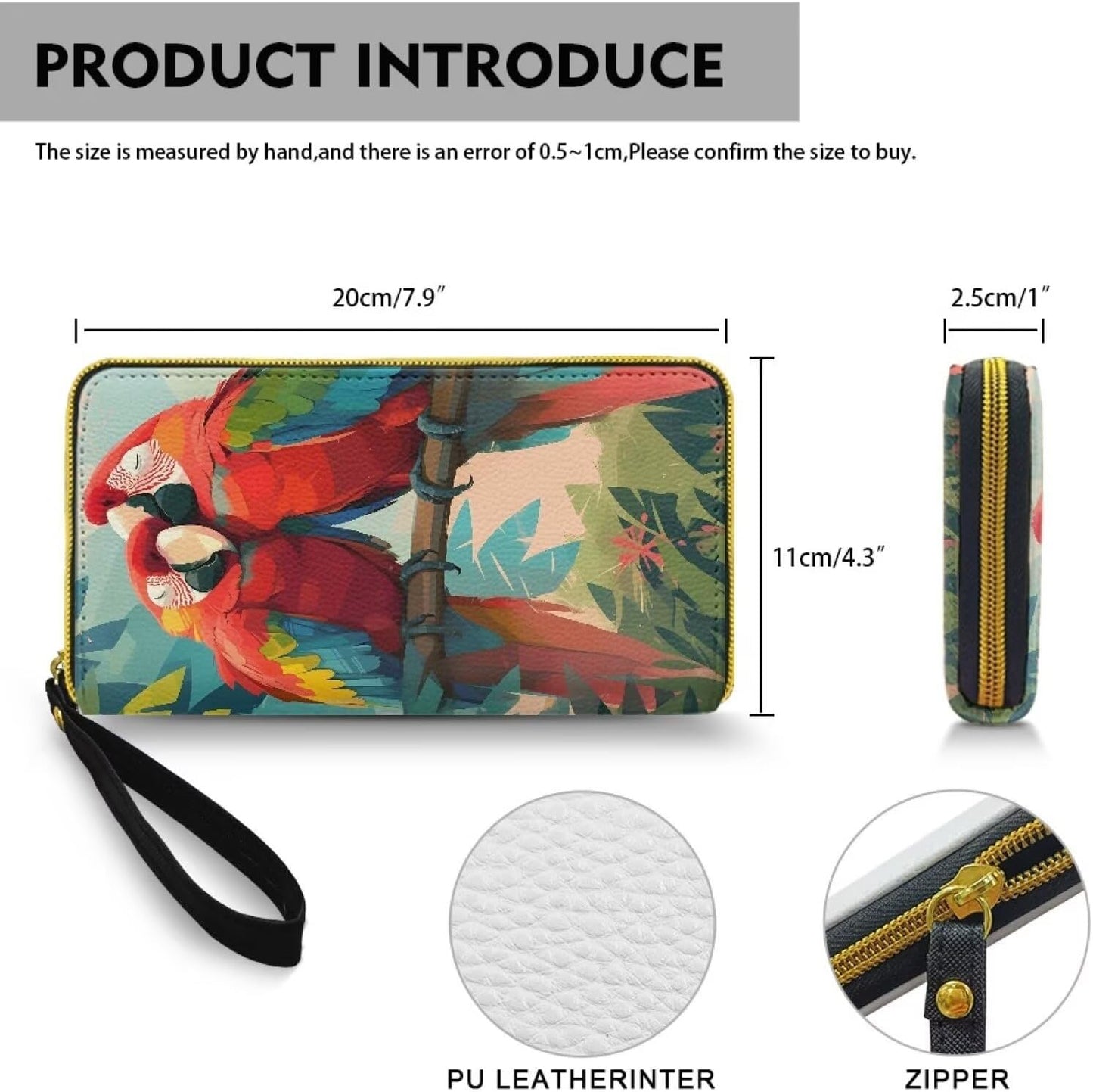 HOTMacaw Bird Lover Print Womens Wallet Leather Zip Around Wallet Tropical Forest Scarlet Macaw Parrot Long PU Leather Card Organizer Clutch with Wristlet