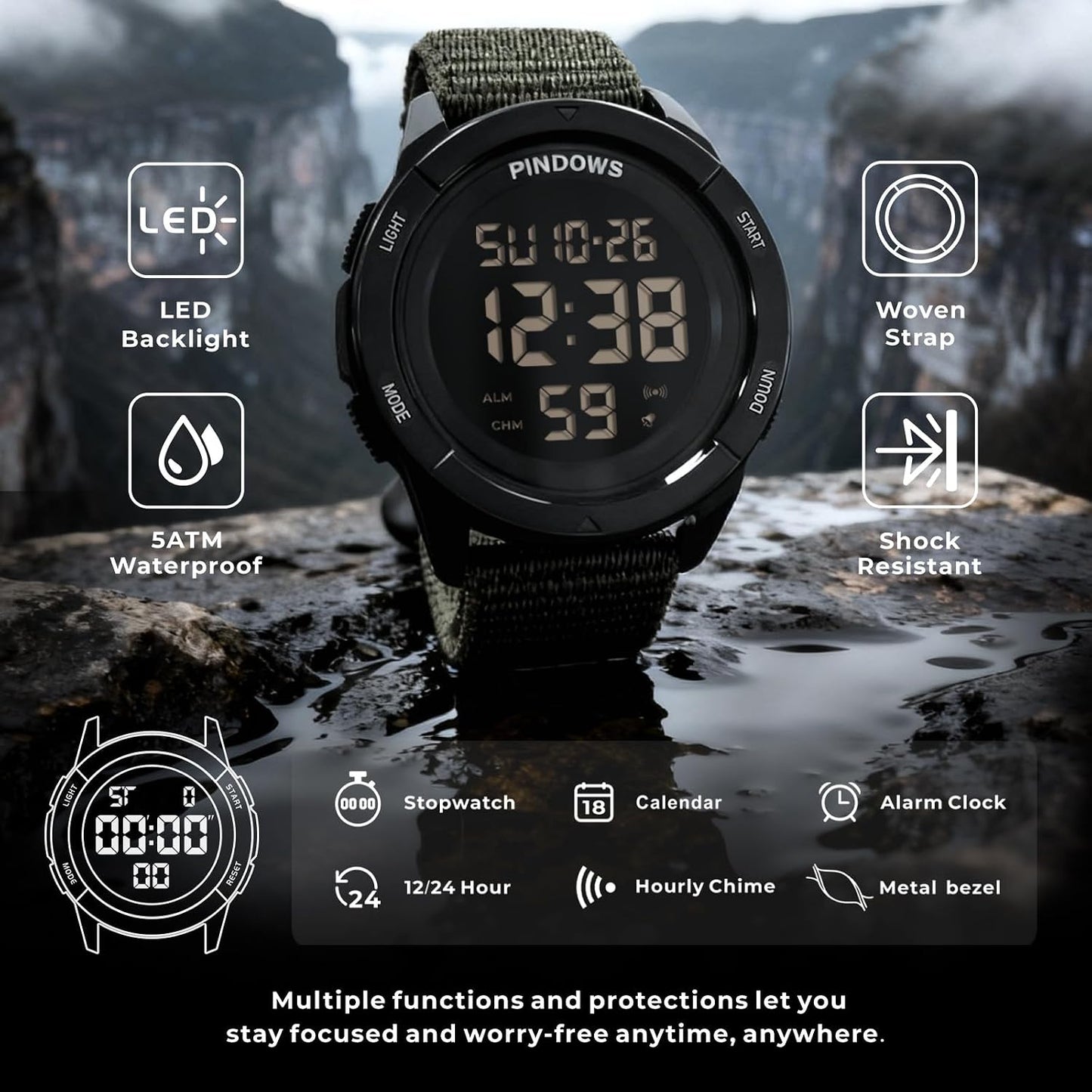 HOTPINDOWS Men's Digital Watch, 50M Waterproof Military Tactical Sport | 10M drop-resistant case, 3X bright LED backlight, and an infinitely adjustable breathable nylon band for a custom fit