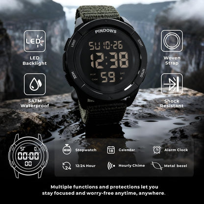 HOTPINDOWS Men's Digital Watch, 50M Waterproof Military Tactical Sport | 10M drop-resistant case, 3X bright LED backlight, and an infinitely adjustable breathable nylon band for a custom fit