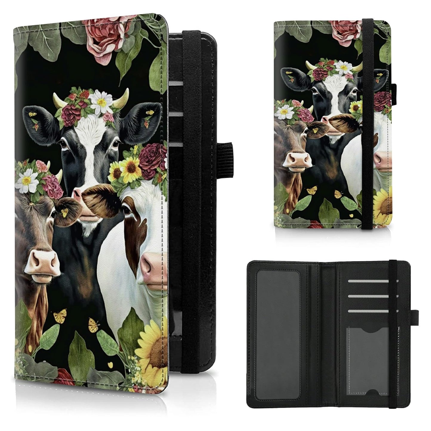 HOTCheck Book Cover for Personal Checkbook American Flag Sunflowers Cow Pattern Design PU Leather Checkbook Cover for Men Women with Card Slot & Pen Holder and Elastic Strap for Duplicate Checks