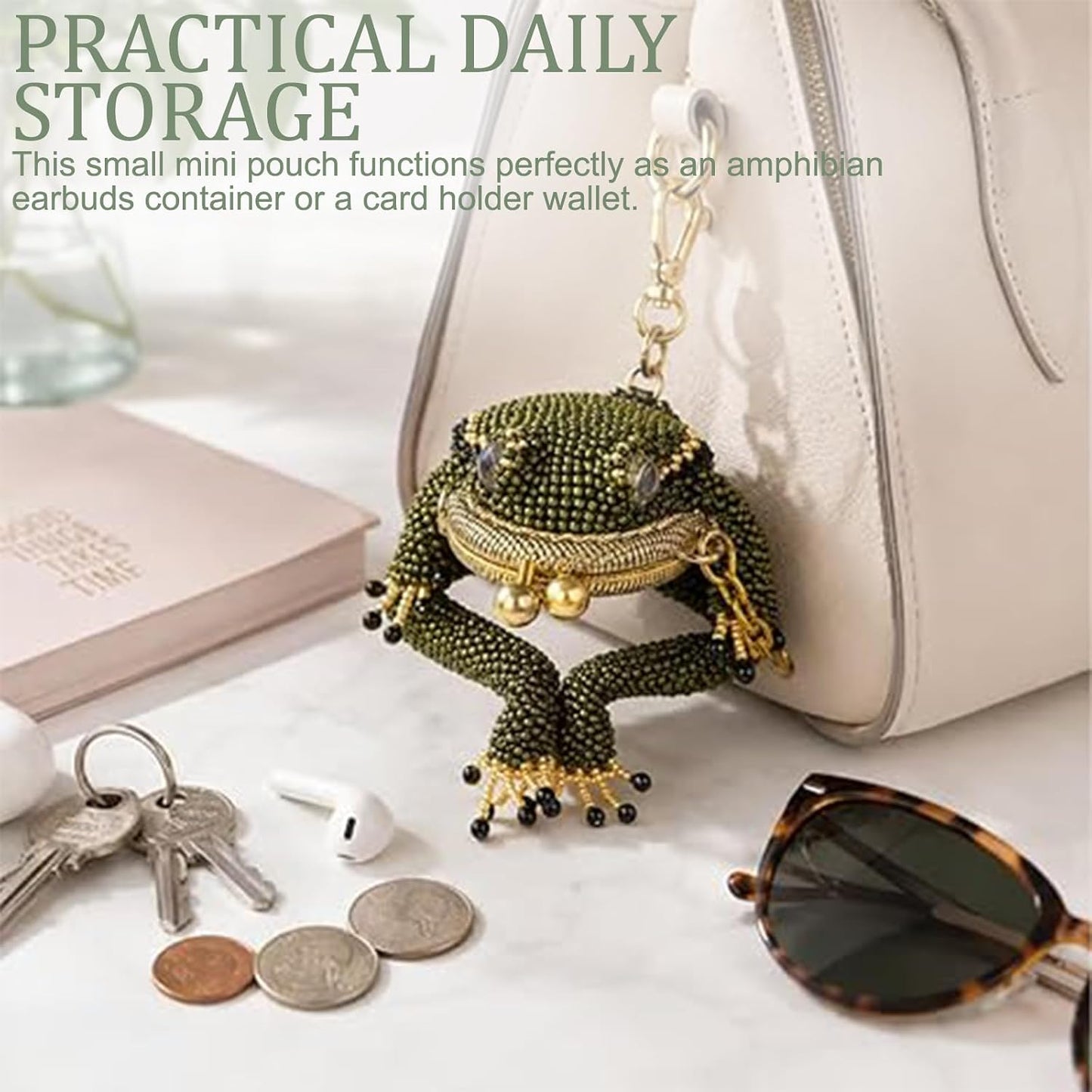 HOTCharming Frog Coin Purse, Metal Kiss Lock Mini Pouch with Lobster Clasp Keychain, Cute Lucky Frog Bag Charm for Coins Earbuds Jewellery, Ideal Gift for Women，3pcs