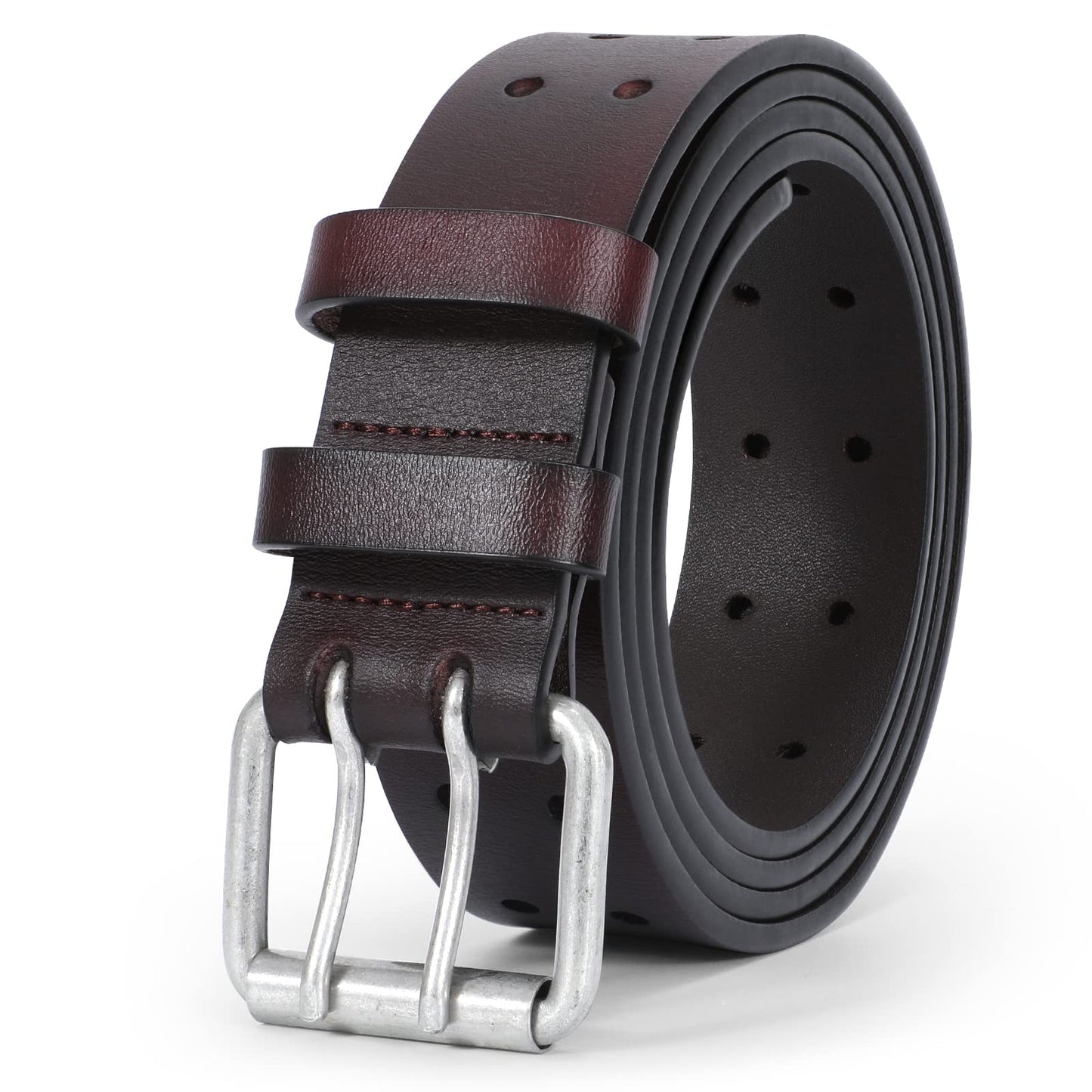 HOTJASGOOD Men Double Prong PU Leather Belt Casual Work Heavy Duty Belt Double Grommet Holes Belt for Jeans