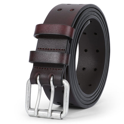 HOTJASGOOD Men Double Prong PU Leather Belt Casual Work Heavy Duty Belt Double Grommet Holes Belt for Jeans