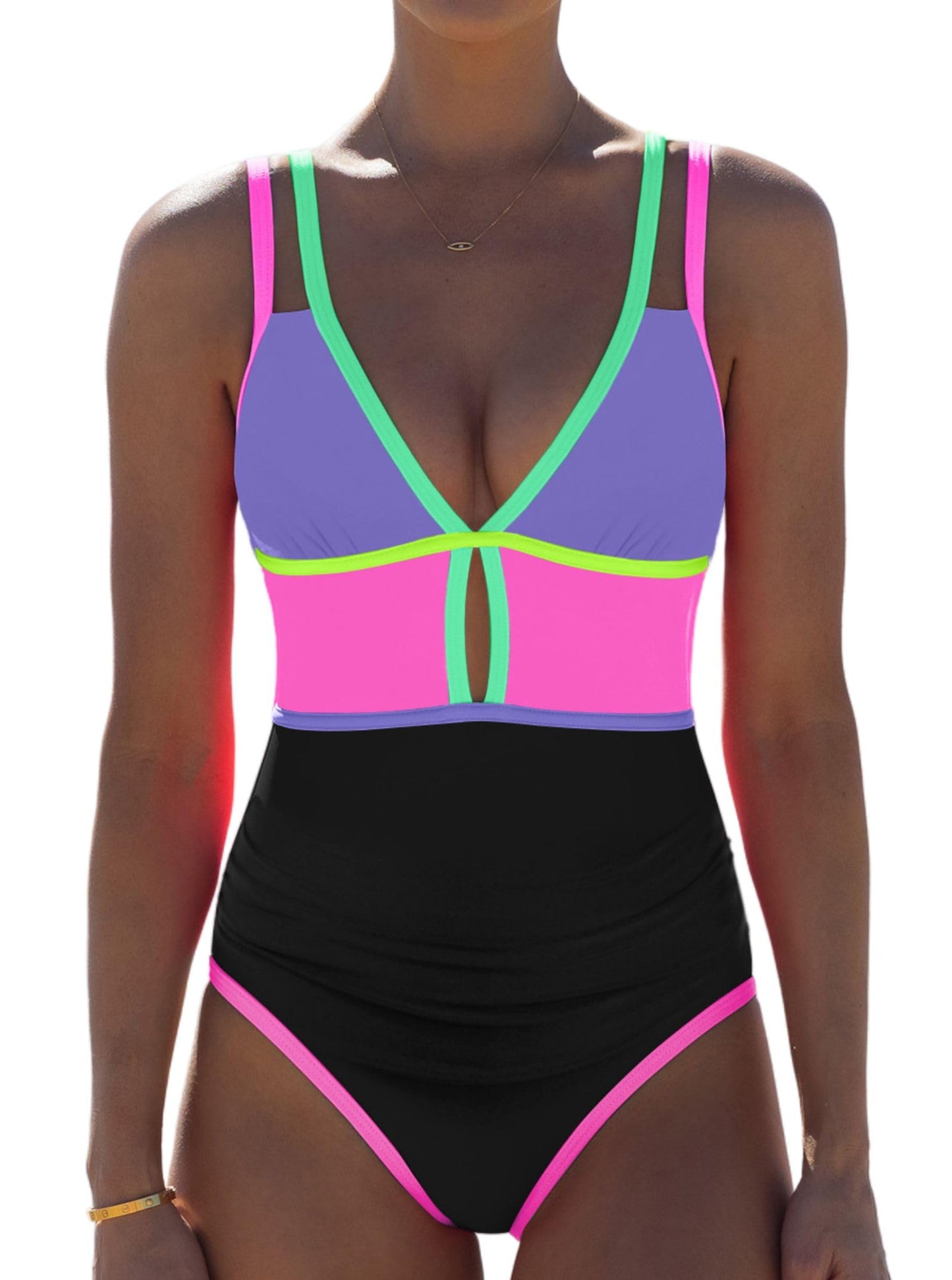 HOTpopvil Women One Piece Swimsuit 2026 Neon Tummy Control Bathing Suit | Tummy Ruched Design, Color Block, Cutout Design, Deep V Neck, Back tie,Adjustable Straps, Neon Trim,Vacation,Beach