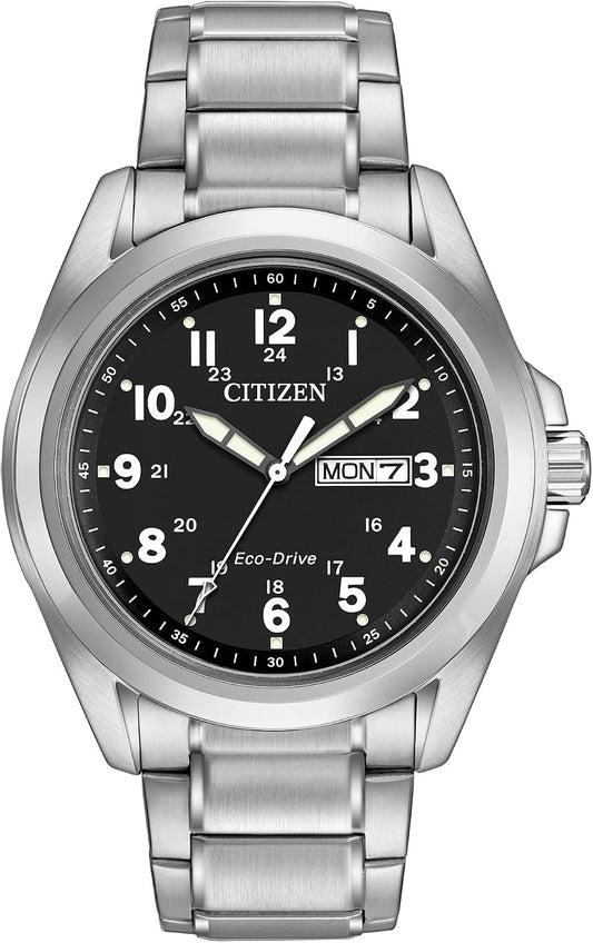 HOTCitizen Men's Eco-Drive Weekender Garrison Field Watch in Stainless Steel, Black Dial, Arabic Markers, Luminous, 43mm (Model: AW0050-82E)