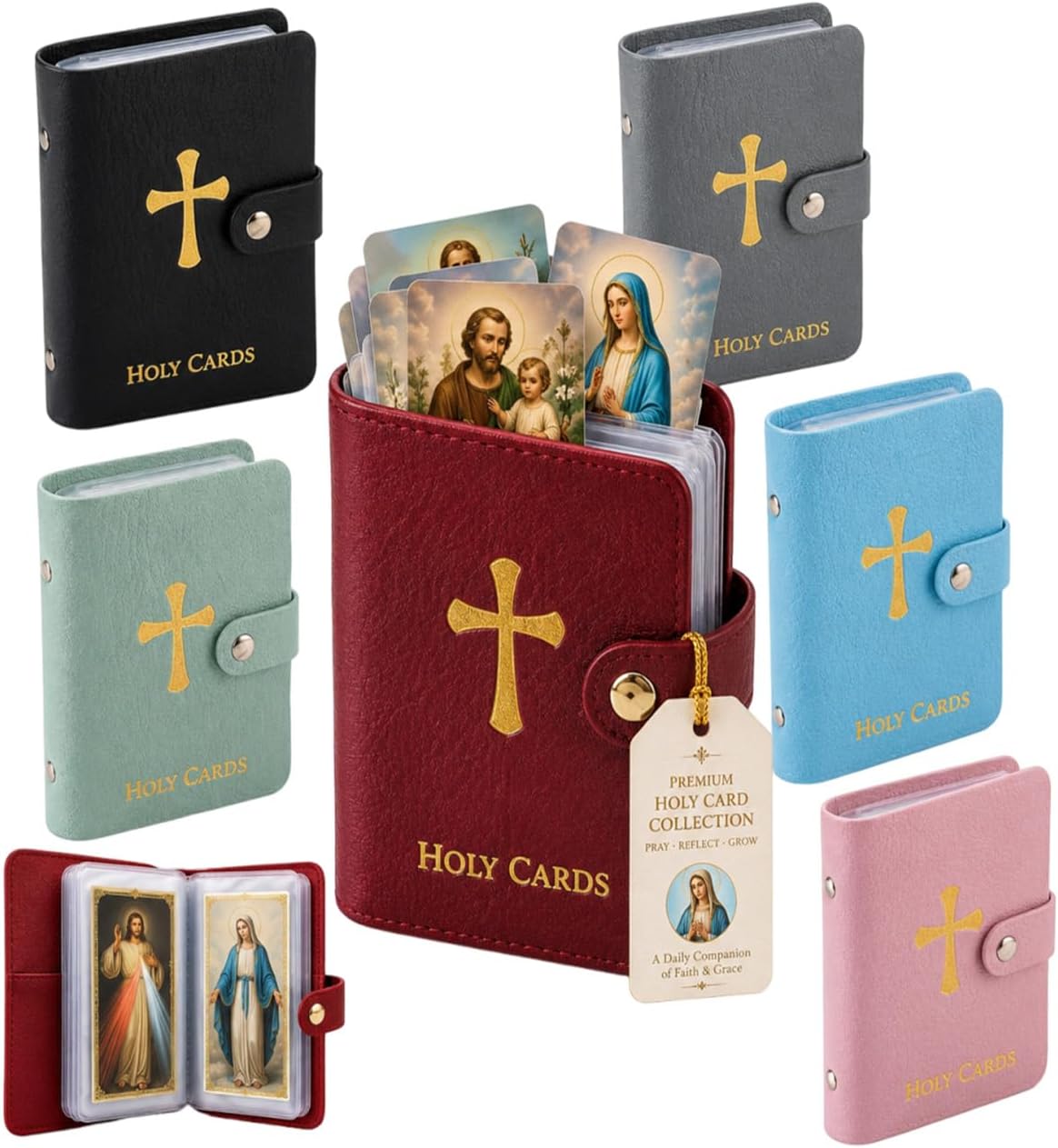 HOT6PCS Prayer Card Holder Holy Book Athletes Catholic Bible Cases for Woman Id Organizer Carrying Rosary Pocket Genuine Faux Leather Men with 50 Sleeves Laminated Saint Album Religious